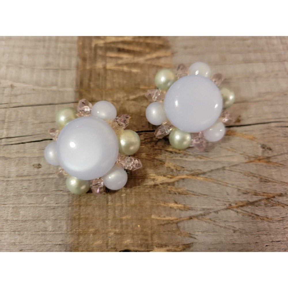 Vintage Flower Clip On Earrings‎ Pearl Beaded Statement Elegant - Picture 7 of 14